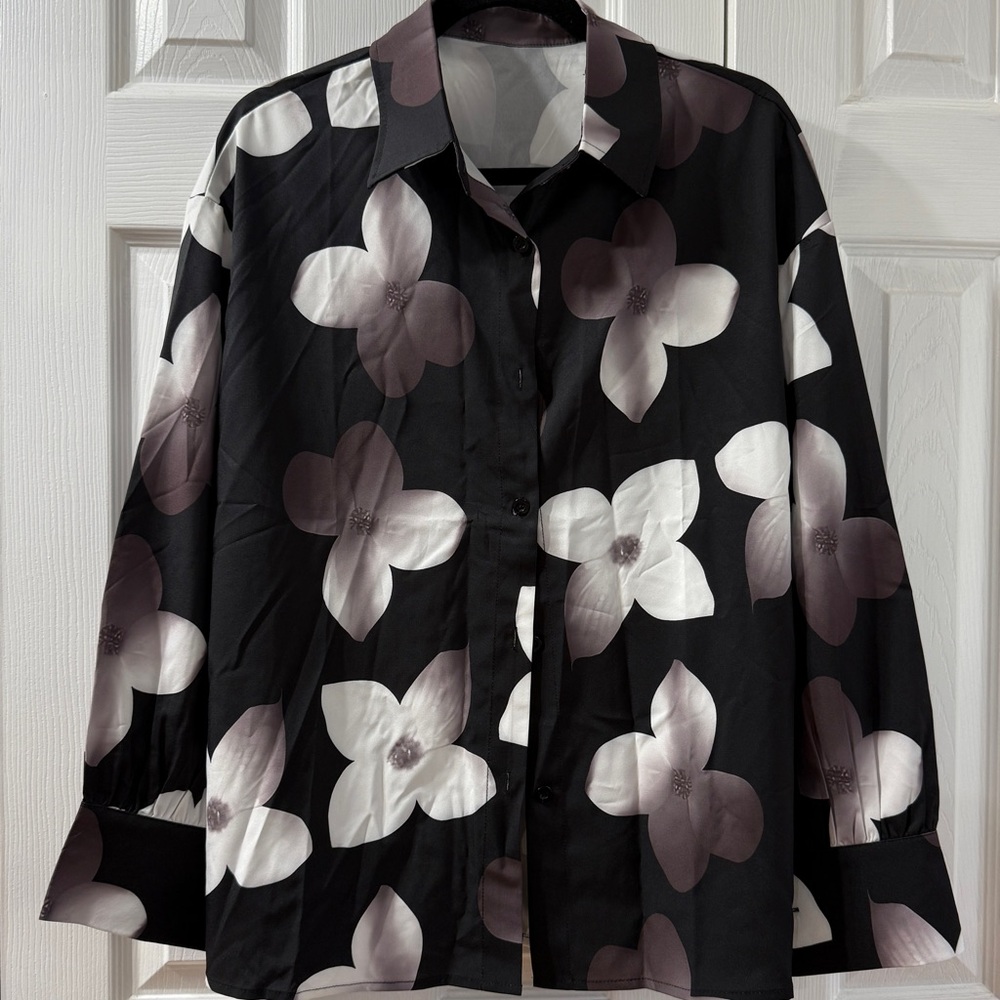 Floral Black and White Button-Up Shirt